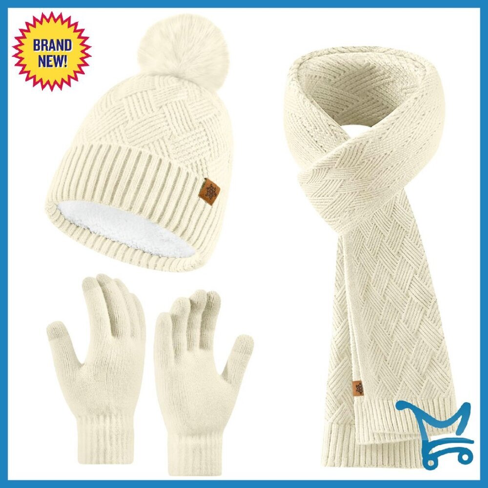 Fleece Lined Knit Winter Set: Beanie Scarf Gloves Touchscreen